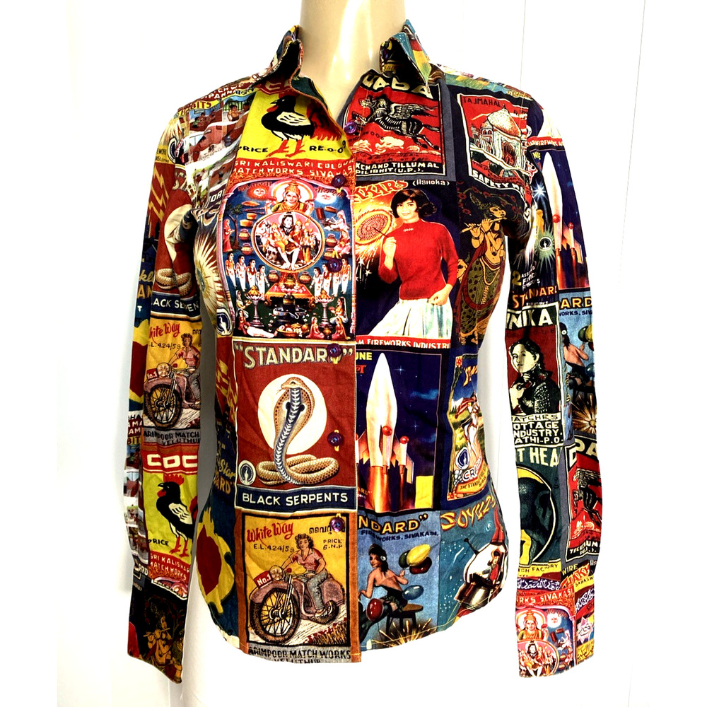 Robert Graham Blouse Button Down Shirt Top Cotton Long Sleeve Indian print 2 XS